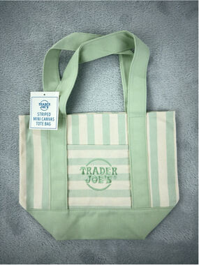 Trader Joe's MINI Canvas Reusable Bag, LIGHT GREEN White STRIPES